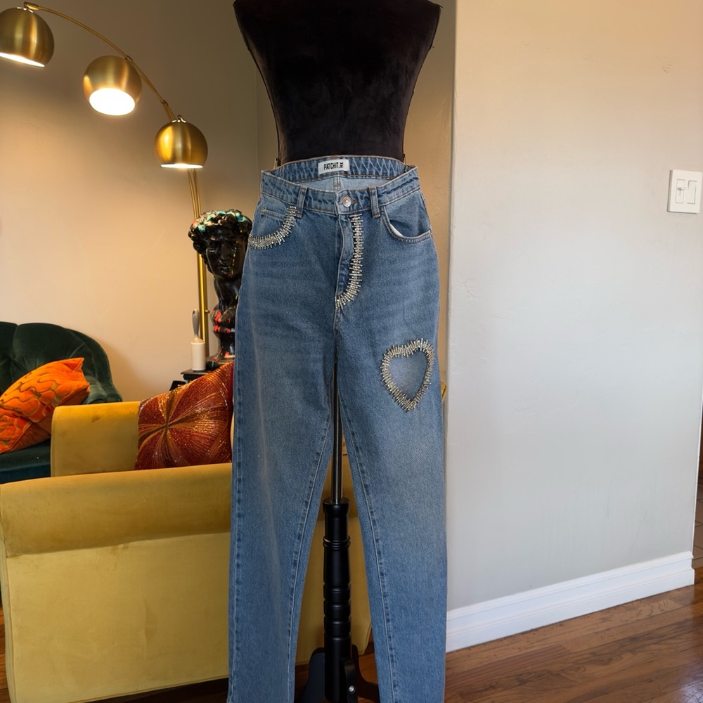 Blue Heart Patch Women's Jeans / crystals
